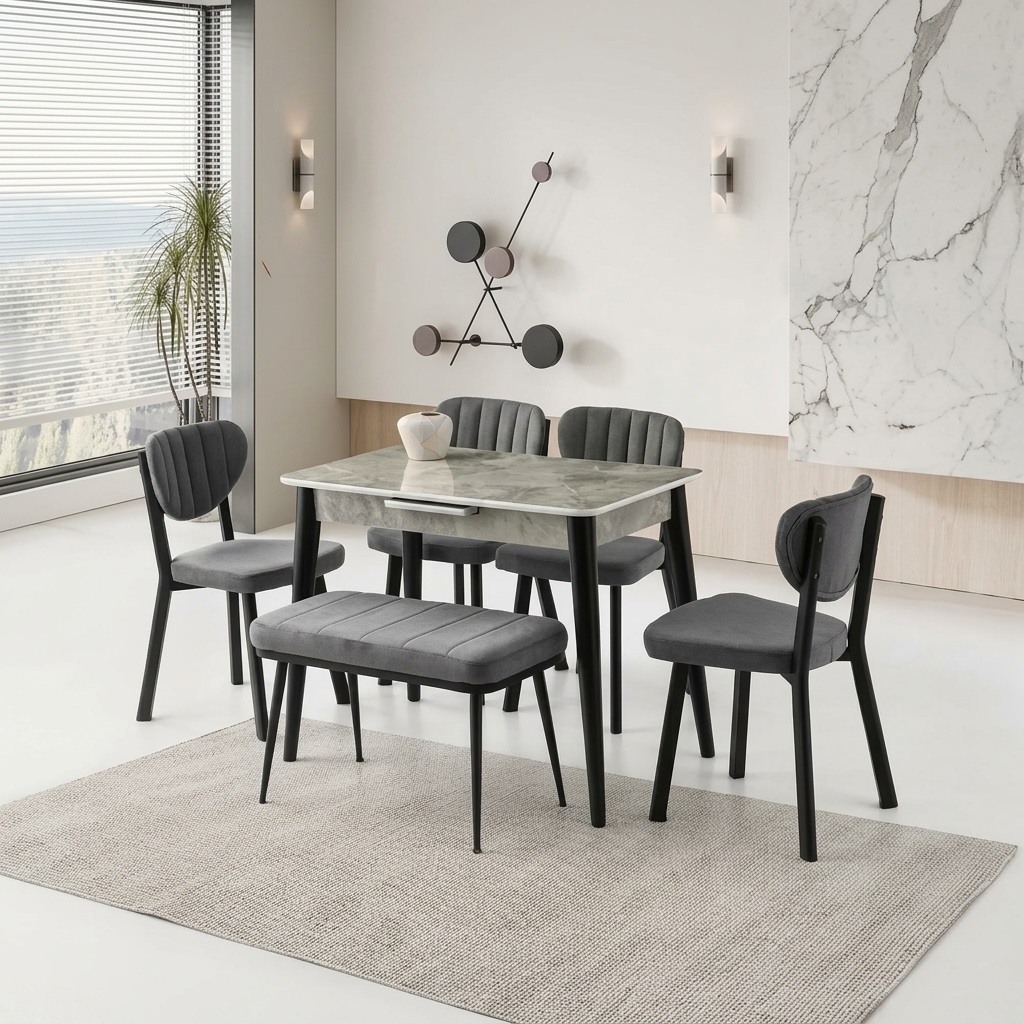 Milano Açılır Masa (100x60), Esinti Sandalye ve Bench Takımı